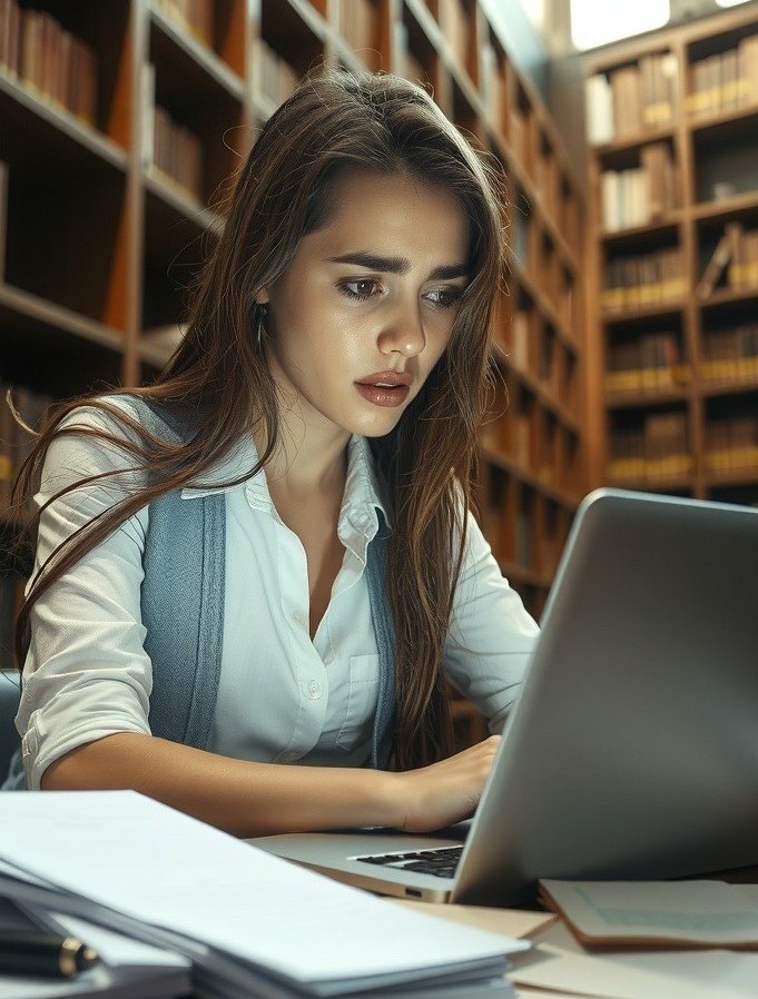 Doktorandin der Medizin schreibt in der Bibliothek an ihrer Dissertation und blickt sorgenvoll auf den Bildschirm
