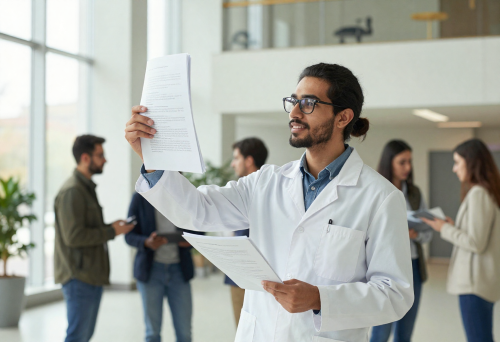 Wissenschaftler liest sein zur Veröffentlichung akzetpiertes wissenschaftliches Manuskript