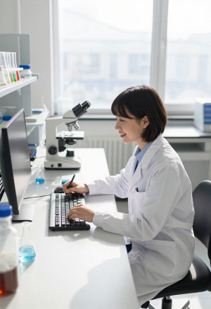 Medizinische Doktorandin sitzt im Labor am Computer an einem Research Paper