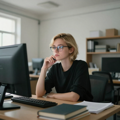 Wissenschaftlerin liest am Schreibtisch die Autorenrichtlinien eines Fachjournals für ihr Research Paper