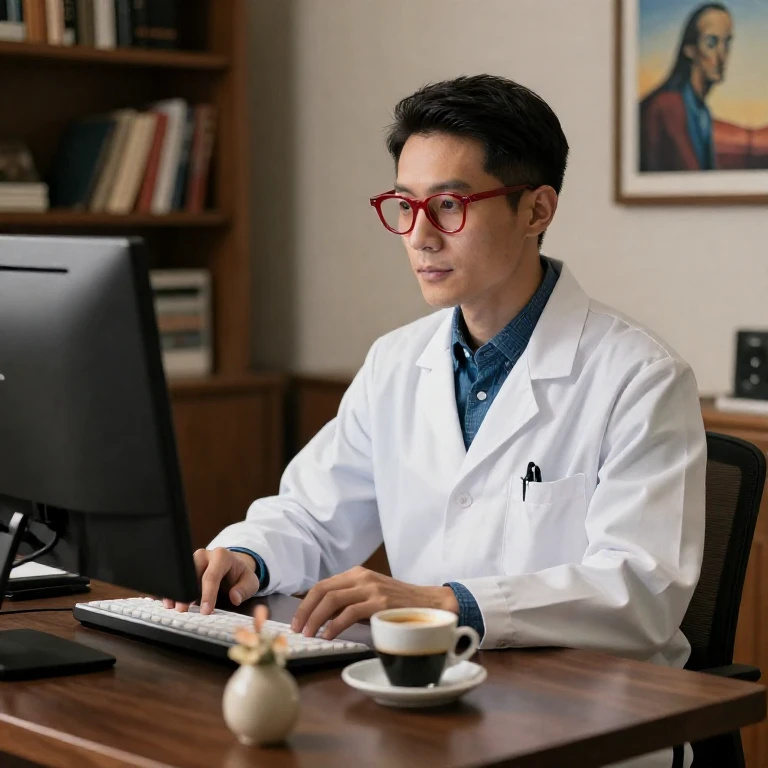 Doktorand der Medizin sitzt in einem stilvollen Büro am Computer und schreibt an seiner Dissertation 